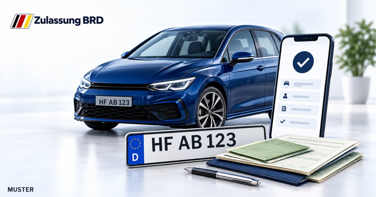 Online Fahrzeugzulassung in Bünde: Musterkennzeichen HF AB 123, Auto und Fahrzeugpapiere und Smartphone. Illustration mit Logo von Zulassung BRD.